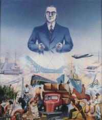 <span class="caption-caption">Premier Forgan Smith and 'Representation of transport and industries in Queensland' by Noel Pascoe Lambert</span>, 1939. <br />Watercolour, collection of <span class="caption-contributor">John Oxley Library, SLQ</span>.