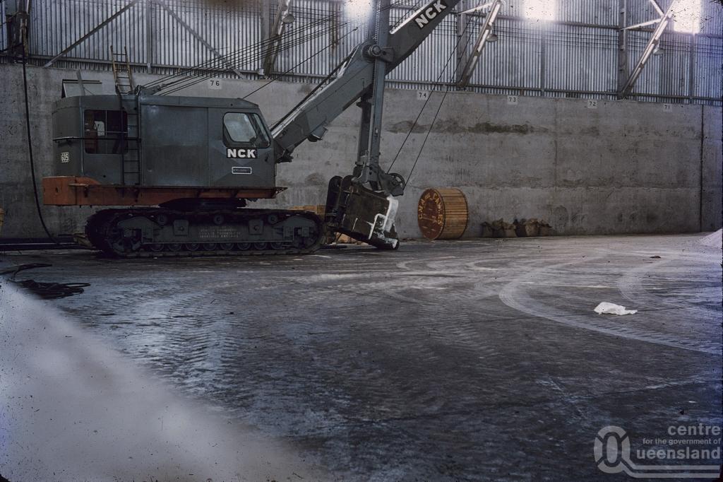 Sugar terminal at the storage shed, Mackay , 1958. Slide, collection 